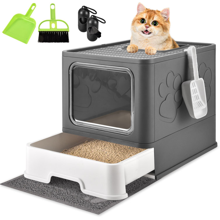 Extra Large Cat Litter Box With Mat Plastic Standard Enclosed Litter Box One Way Free In Out